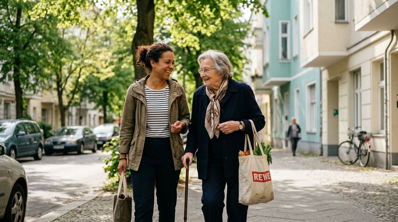 Pflegeunterstützung im Alltag in Berlin – eine Helferin begleitet eine Seniorin mit Gehstock beim Einkaufen auf einer Berliner Straße